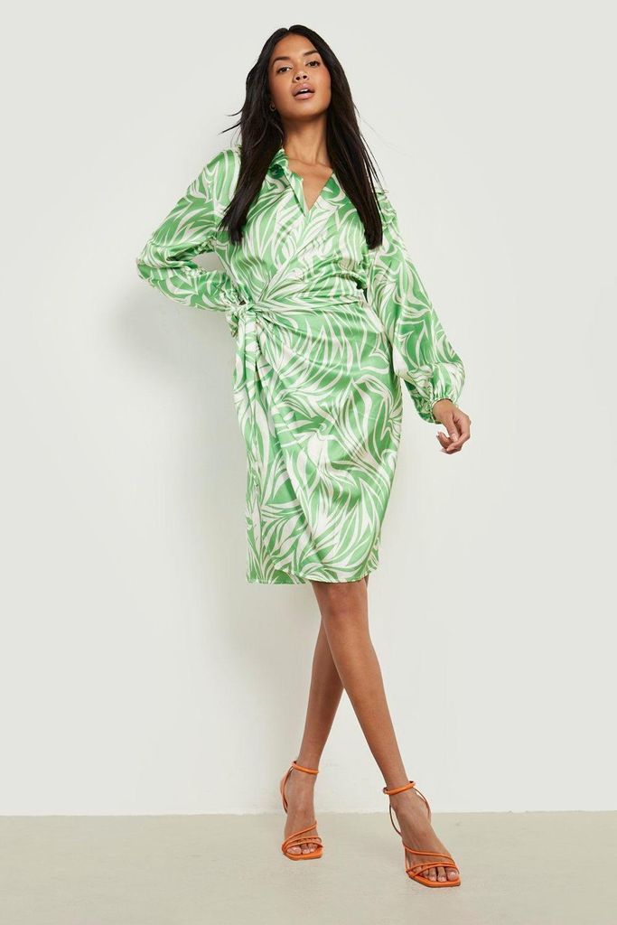 Womens Printed Satin Wrap Midi Dress - Green - 8, Green