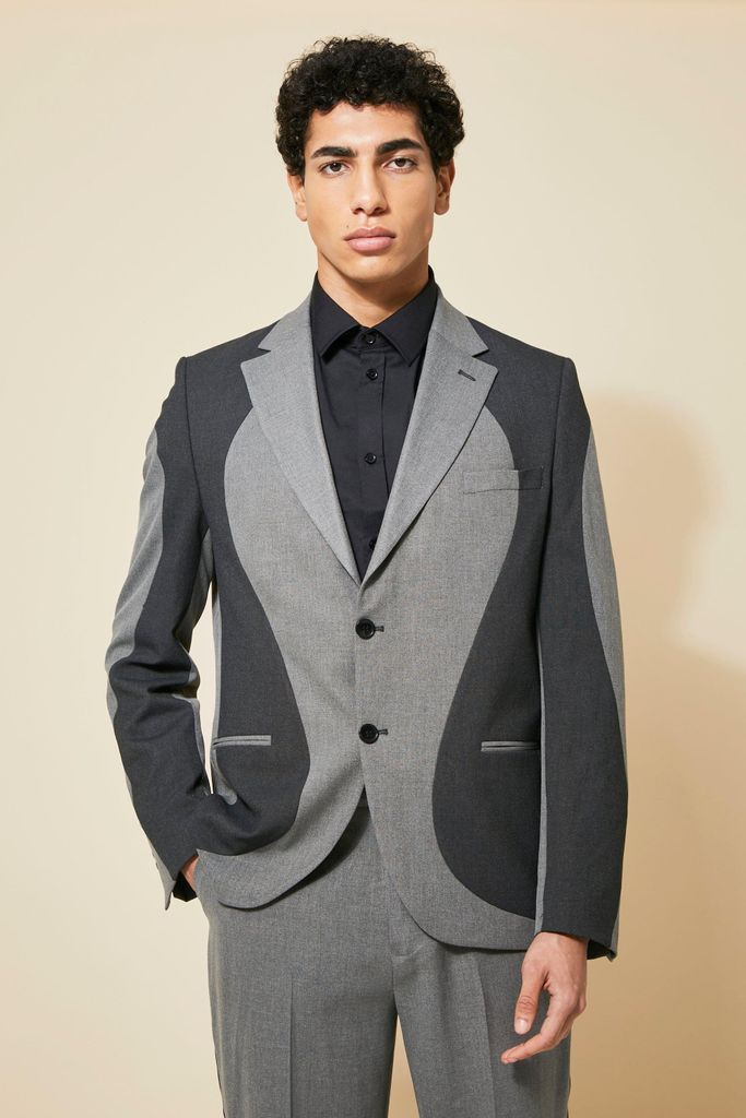 Men's Single Breasted Relaxed Spliced Suit Jacket - Grey - 34, Grey