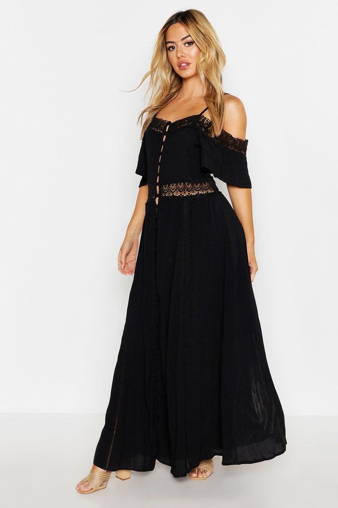 Womens Petite Lace Bardot Cheesecloth Button Maxi Dress - Black - 4, Black