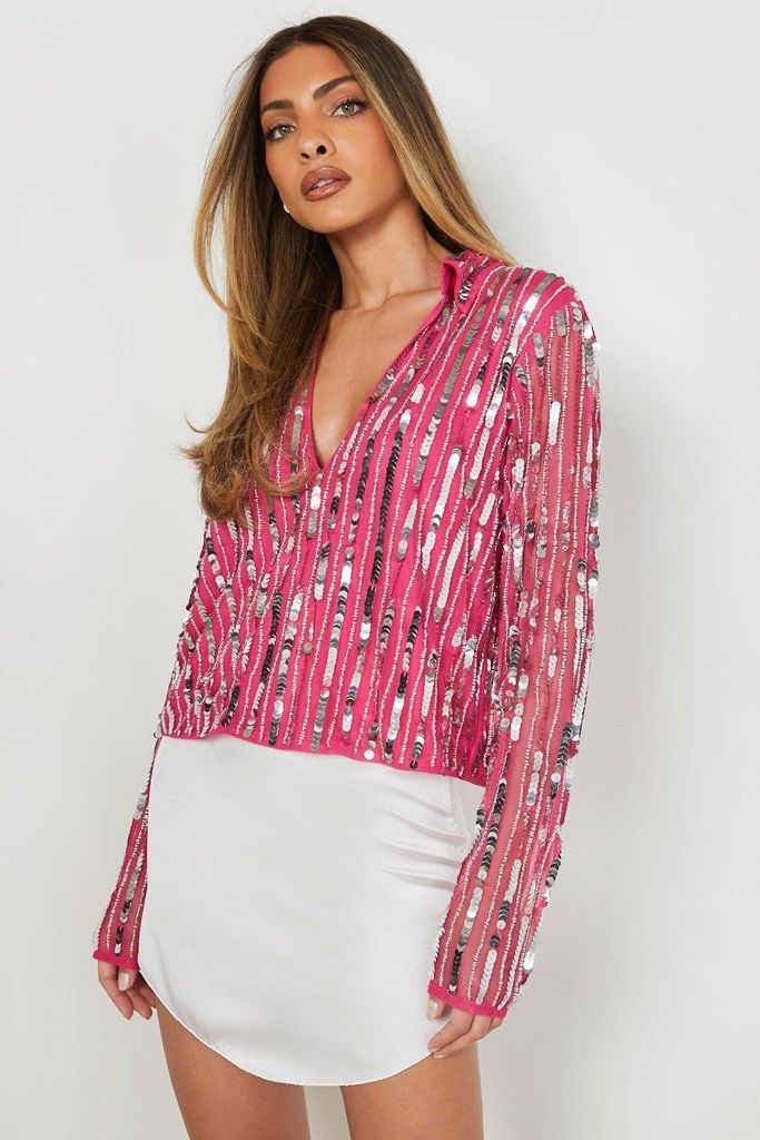Womens Sequin Collared Top - Pink - 6, Pink
