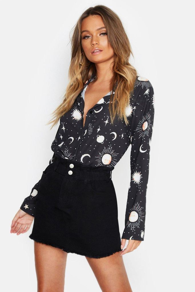 Womens Woven Star + Moon Print Shirt - Black - 8, Black