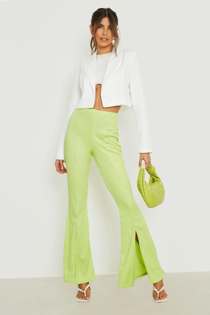 Womens Split Front Ribbed Flared Trousers - Green - 6, Green