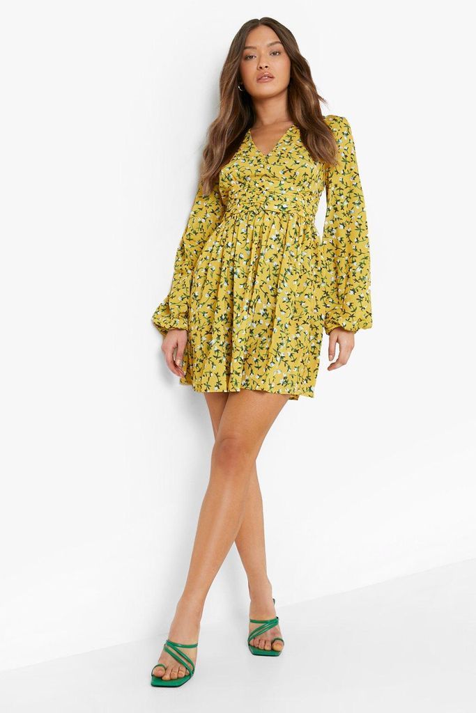 Womens Ruched Waist Floral Tea Dress - Yellow - 8, Yellow