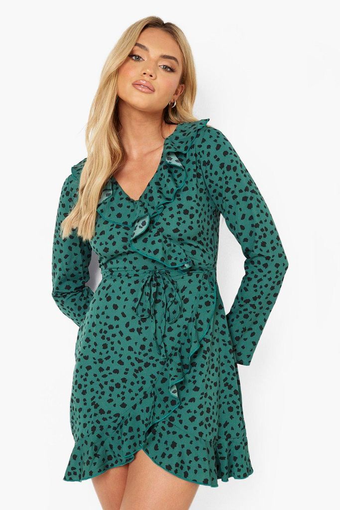Womens Spot Print Wrap Front Ruffle Tea Dress - Green - 12, Green