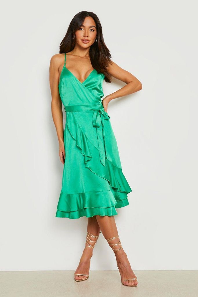 Womens Satin Frill Skirt Wrap Midi Dress - Green - 8, Green
