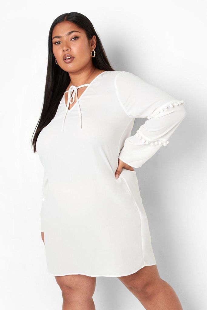 Womens Plus Long Sleeve Pom Pom Smock Dress - White - 18, White