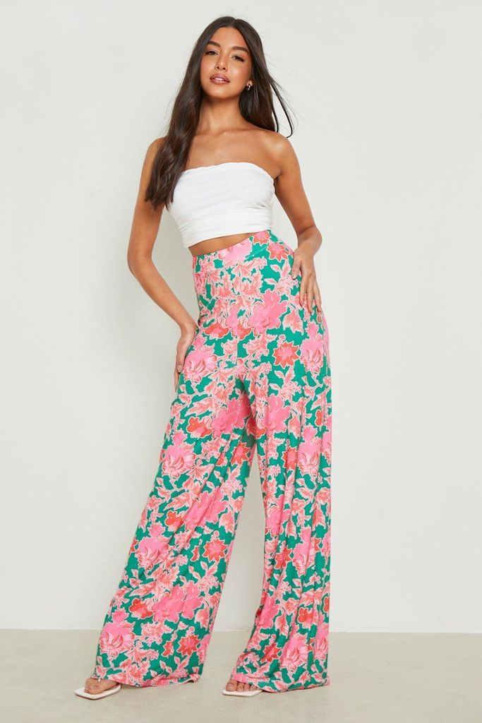 Womens Floral High Waisted Wide Leg Trousers - Green - 6, Green