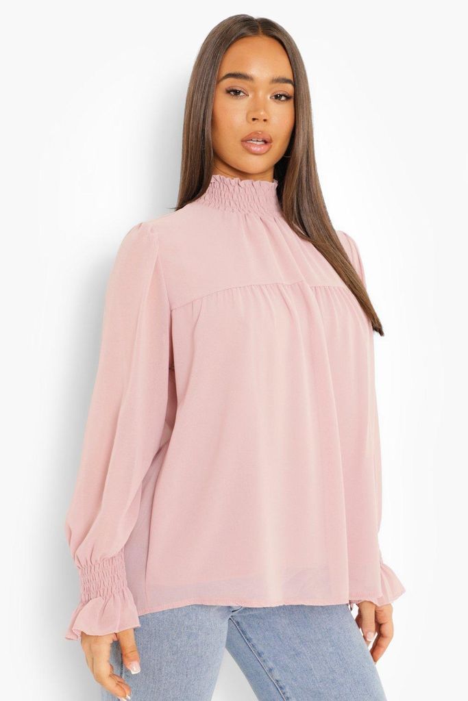 Womens Shirred Neck Cuff Smock Top - Pink - 8, Pink