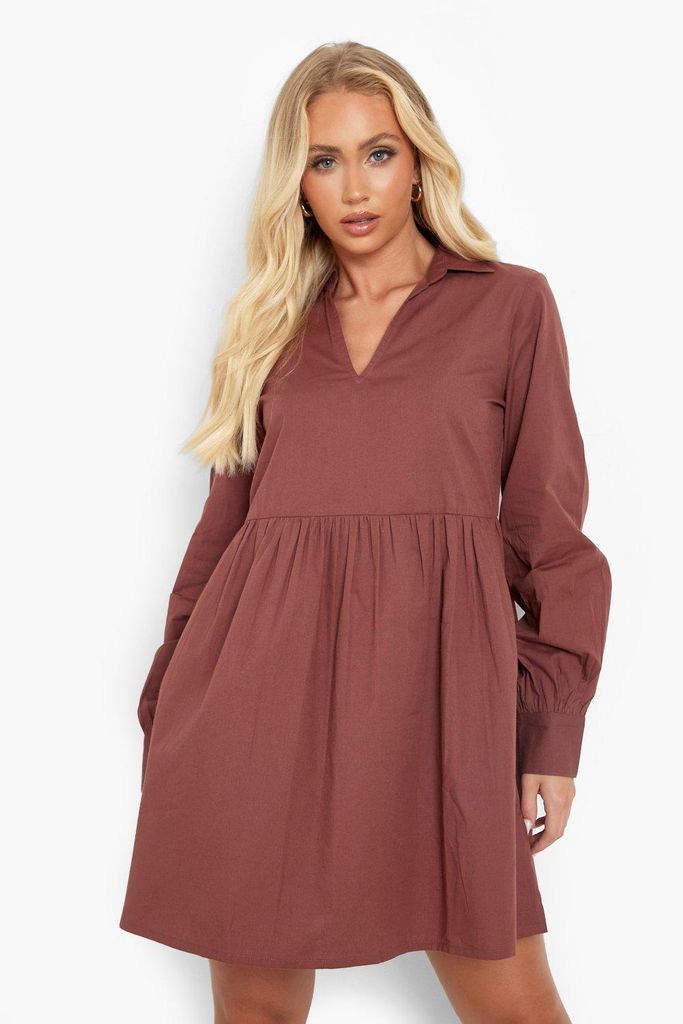 Womens Collared V Neck Smock Dress - Brown - 10, Brown