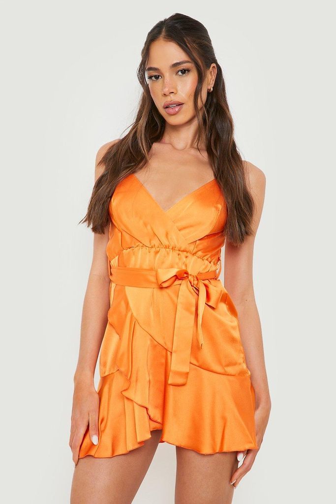 Womens Satin Wrap Frill Mini Dress - Orange - 8, Orange