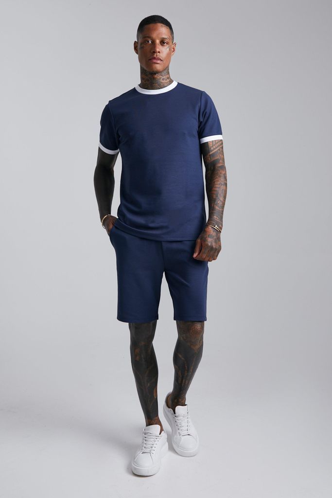 Men's Slim Fit Contrast T-Shirt & Short Set - Navy - L, Navy