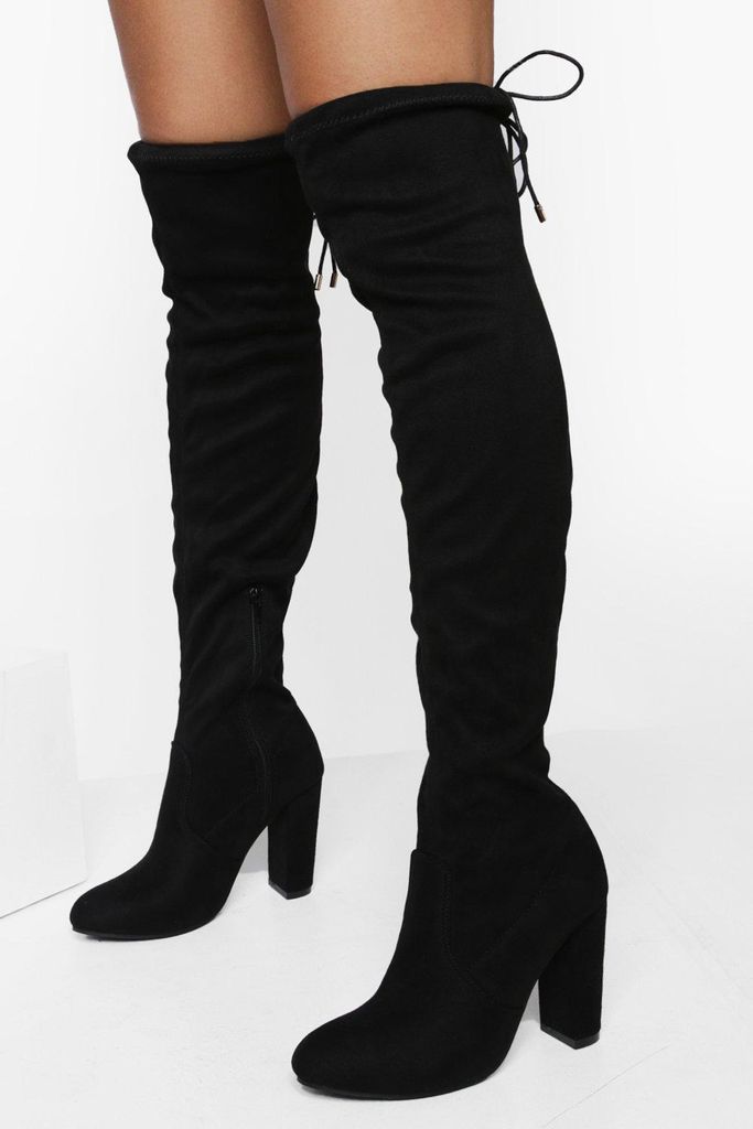 Womens Block Heel Tie Thigh High Boots - Black - 3, Black