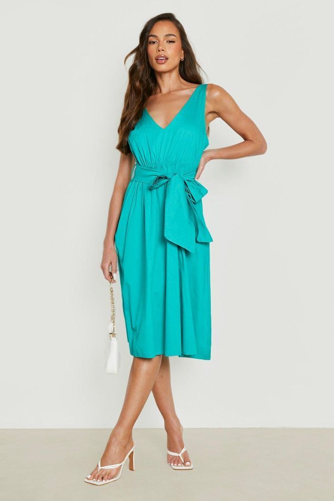 Womens Cotton Belted Bow Midi Sundress - Green - 8, Green