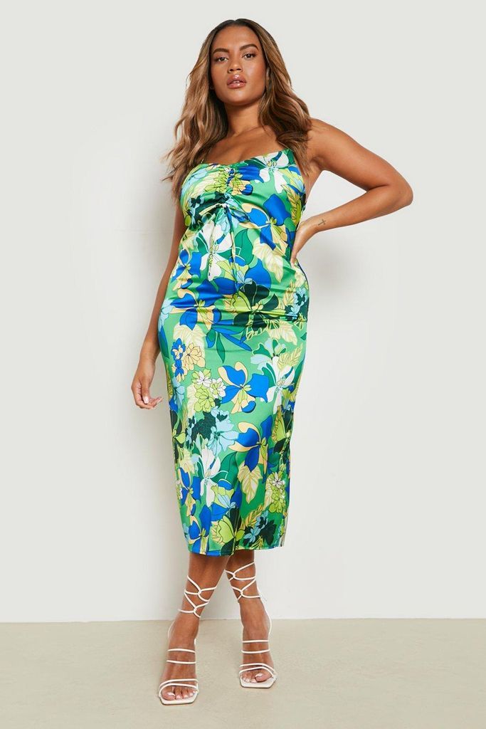 Womens Plus Floral Print Strappy Slip Dress - Green - 8, Green