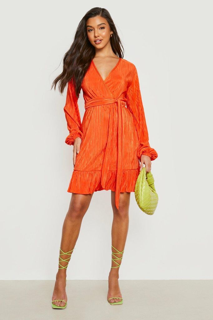 Womens Plisse Ruffle Hem Wrap Dress - Orange - 8, Orange