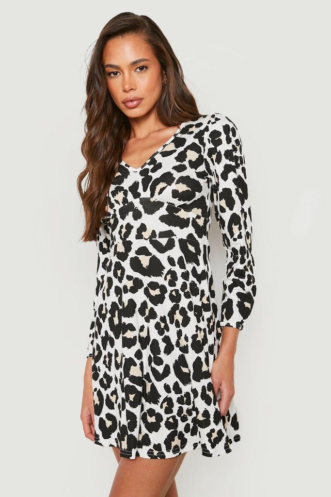 Womens Leopard V Neck Frill Cuff Dress - Brown - 8, Brown