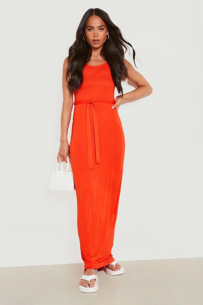 Womens Petite Scoop Neck Belted Dress - Orange - 4, Orange