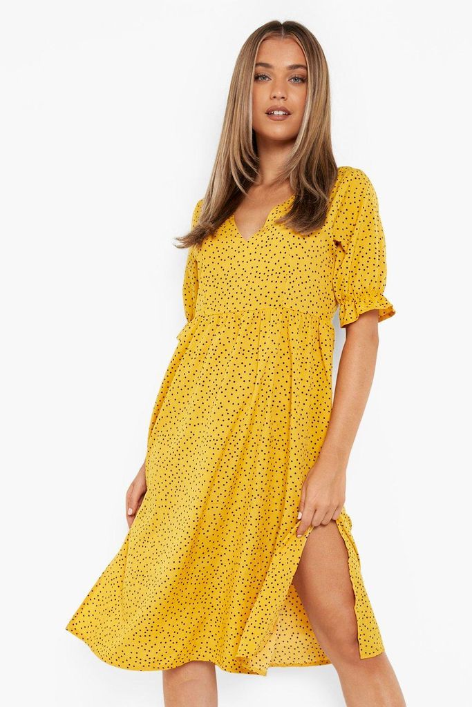 Womens Polka Dot Side Spit Midi Dress - Yellow - 8, Yellow