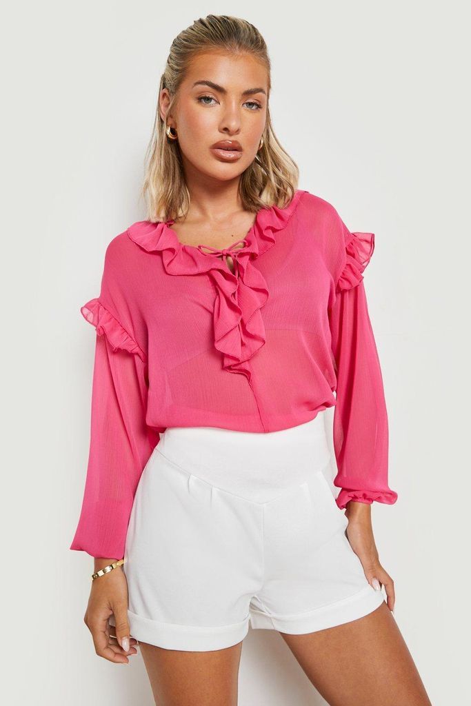 Womens Lace Up Ruffle Detail Blouse - Pink - 6, Pink
