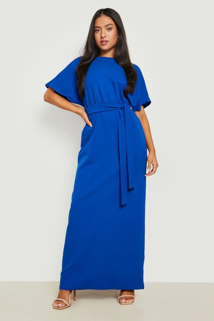 Womens Petite Slash Tie Waist Cape Sleeve Maxi Dress - Blue - 4, Blue
