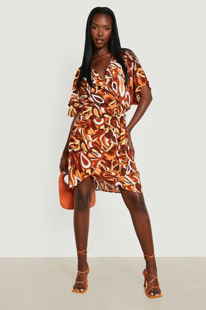 Womens Abstract Print Wrap Midi Dress - Orange - S, Orange