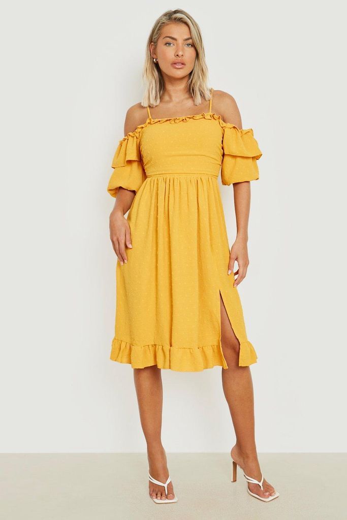 Womens Dobby Ruffle Bardot Midi Dress - Yellow - 8, Yellow