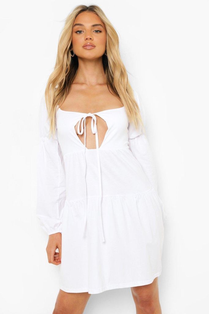 Womens Halterneck Puff Sleeve Smock Dress - White - 14, White