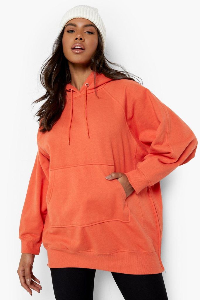 Womens Oversized Zip Detail Longline Hoodie - Orange - S, Orange