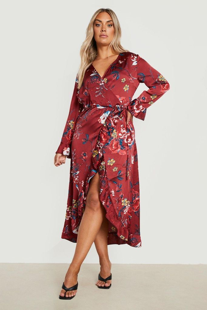 Womens Plus Floral Ruffle Wrap Dress - Red - 16, Red