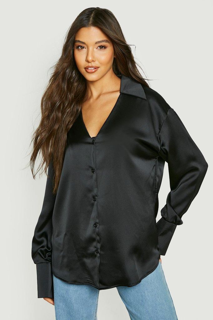 Womens Oversized V Neck Flared Sleeve Cuff Shirt - Black - 6, Black