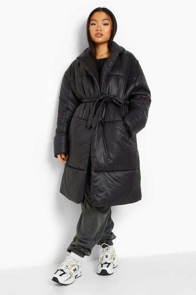 Womens Petite Belted Duvet Puffer Coat - Black - 4, Black