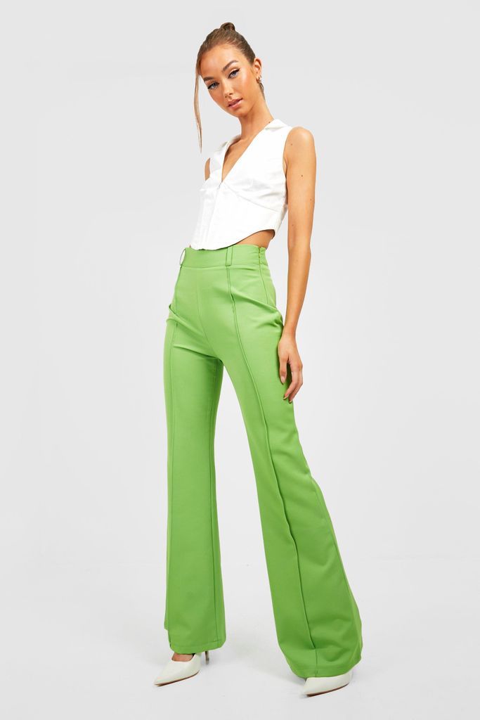 Womens High Waisted Flared Work Trousers - Green - S, Green