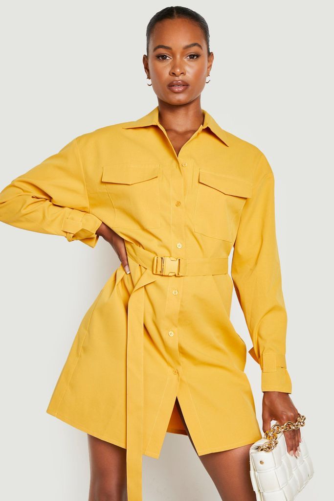 Womens Tall Cargo Utility Pocket Belted Shirt Dress - Yellow - 6, Yellow