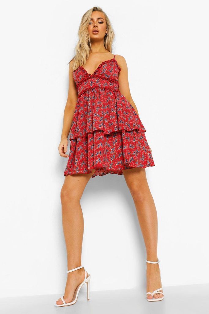 Womens Strappy Ruffle Swing Dress - Red - 8, Red