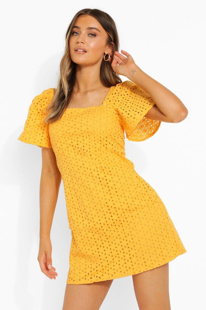 Womens Broderie Square Neck Short Sleeve Mini Dress - Yellow - 8, Yellow