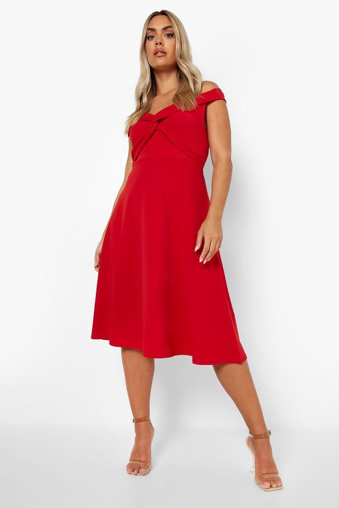 Womens Plus Twist Front Bardot Midi Skater Dress - Red - 26, Red