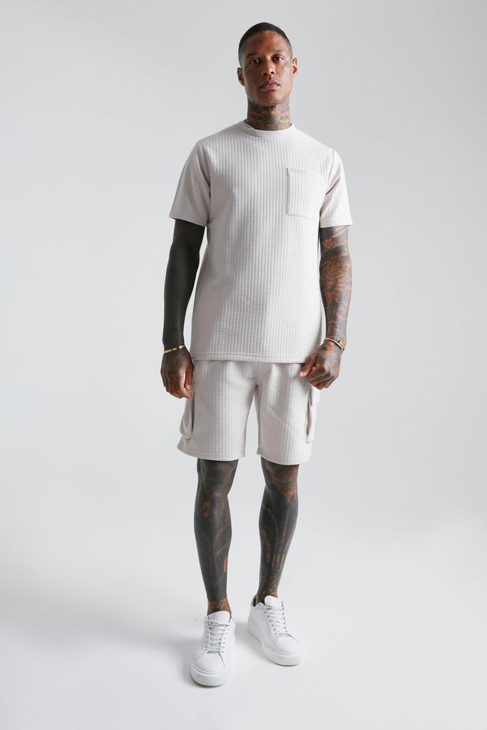 Men's Slim Fit Waffle T-Shirt And Cargo Short Set - Cream - S, Cream