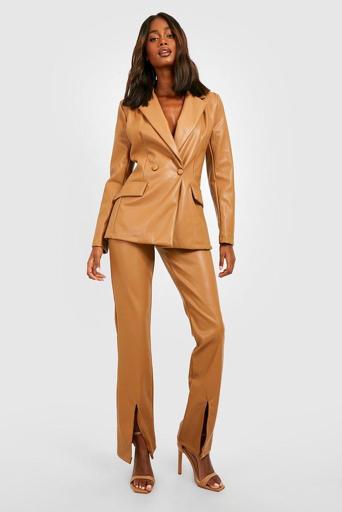 Womens Leather Look Split Front Tailored Trousers - Beige - 8, Beige