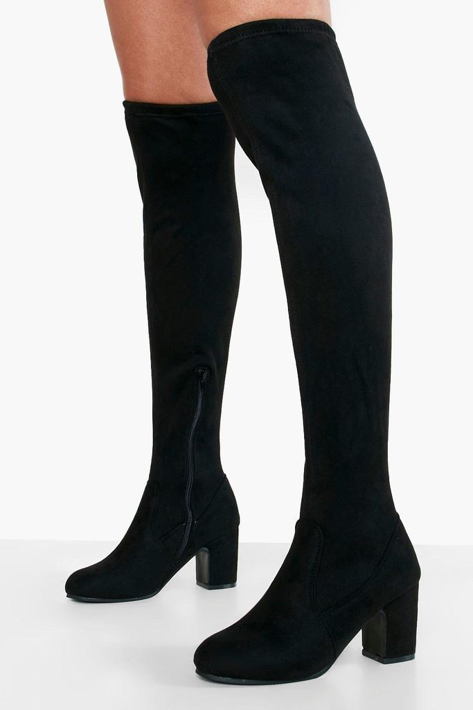 Womens Wide Fit Block Heel Stretch Over The Knee Boots - Black - 3, Black
