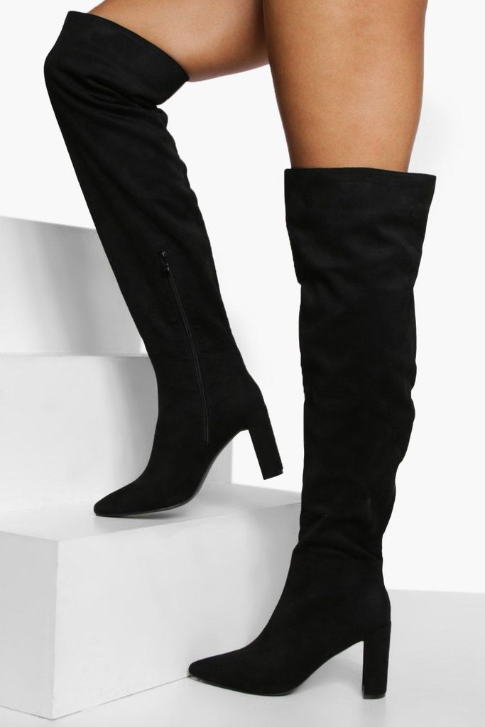 Womens Wide Fit Block Heel Thigh High Boots - Black - 3, Black