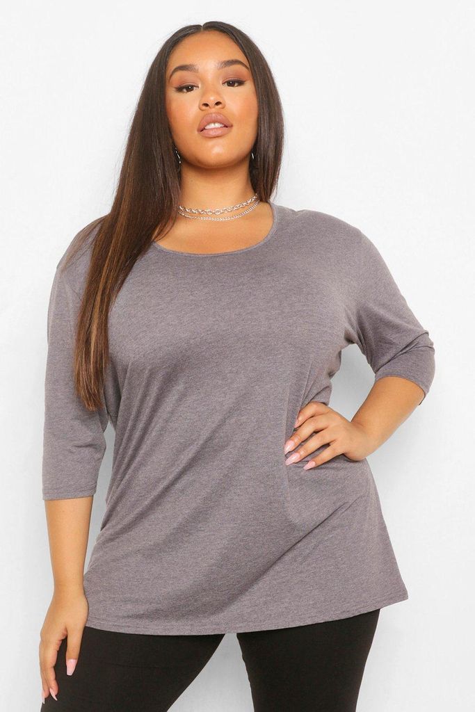 Womens Plus Basic Oversized Dip Hem 3/4 Sleeve T-Shirt - Grey - 22, Grey