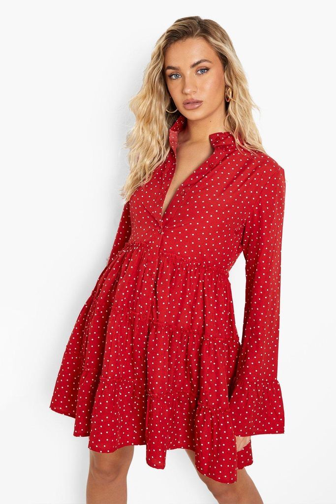 Womens Polka Tiered Smock Dress - 10, Red