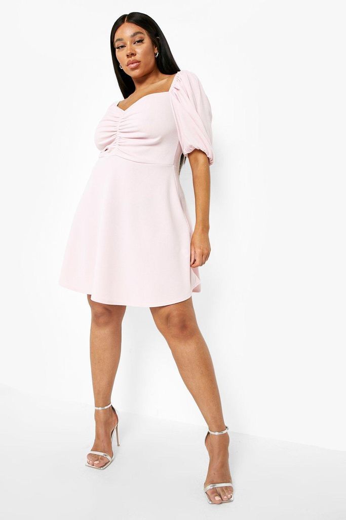 Womens Plus Ruched Front Puff Sleeve Skater Dress - Pink - 16, Pink