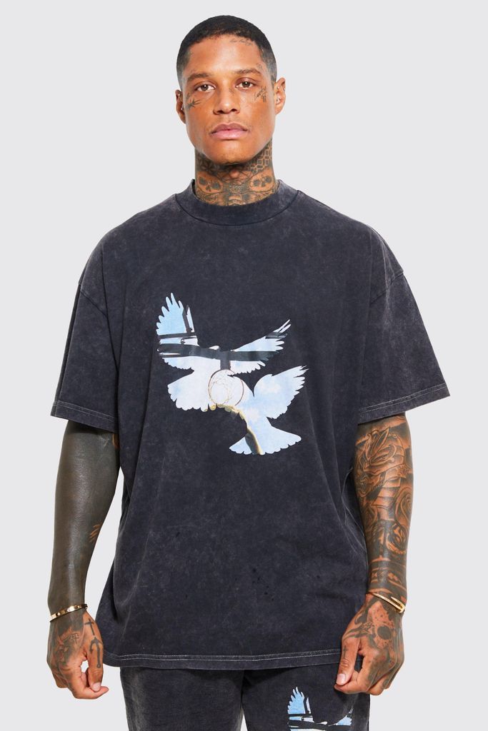 Men's Oversized Bird Graphic Acid Wash T-Shirt - Grey - M, Grey