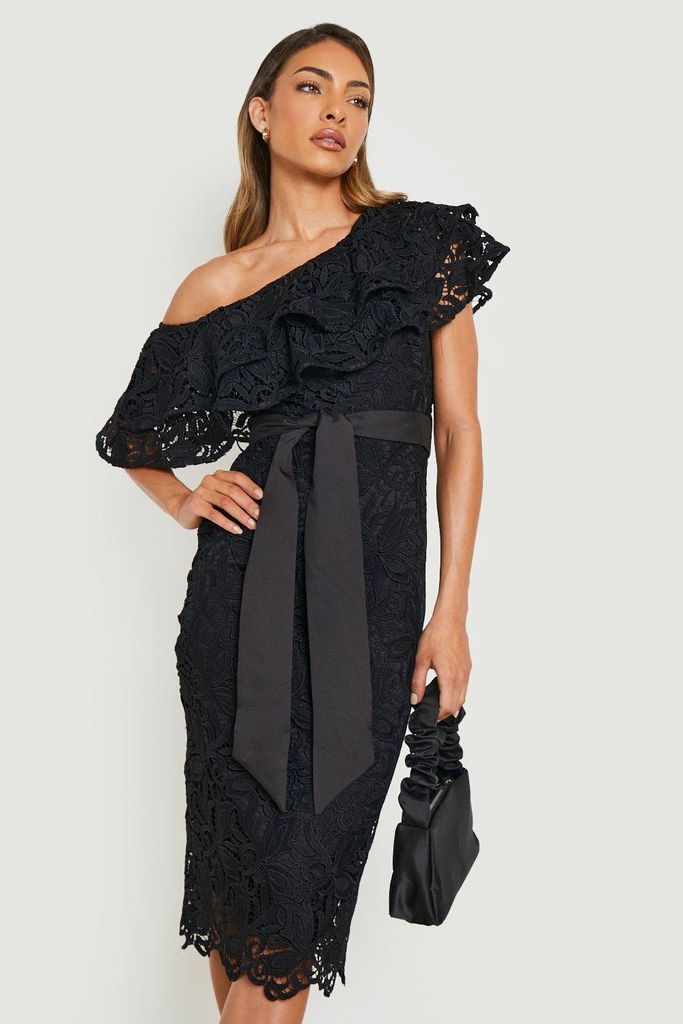 Womens Crochet Lace Asymmetric Frill Midi Dress - Black - 8, Black