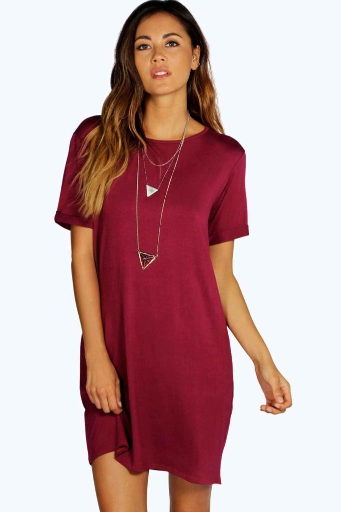 Womens Basic Turn Back Cuff T-Shirt Dress - Purple - 16, Purple
