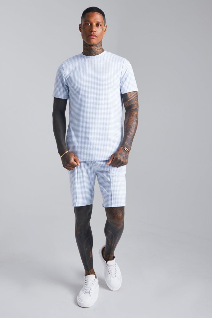 Men's Dogtooth Jacquard Slim T-Shirt & Short Set - Blue - S, Blue