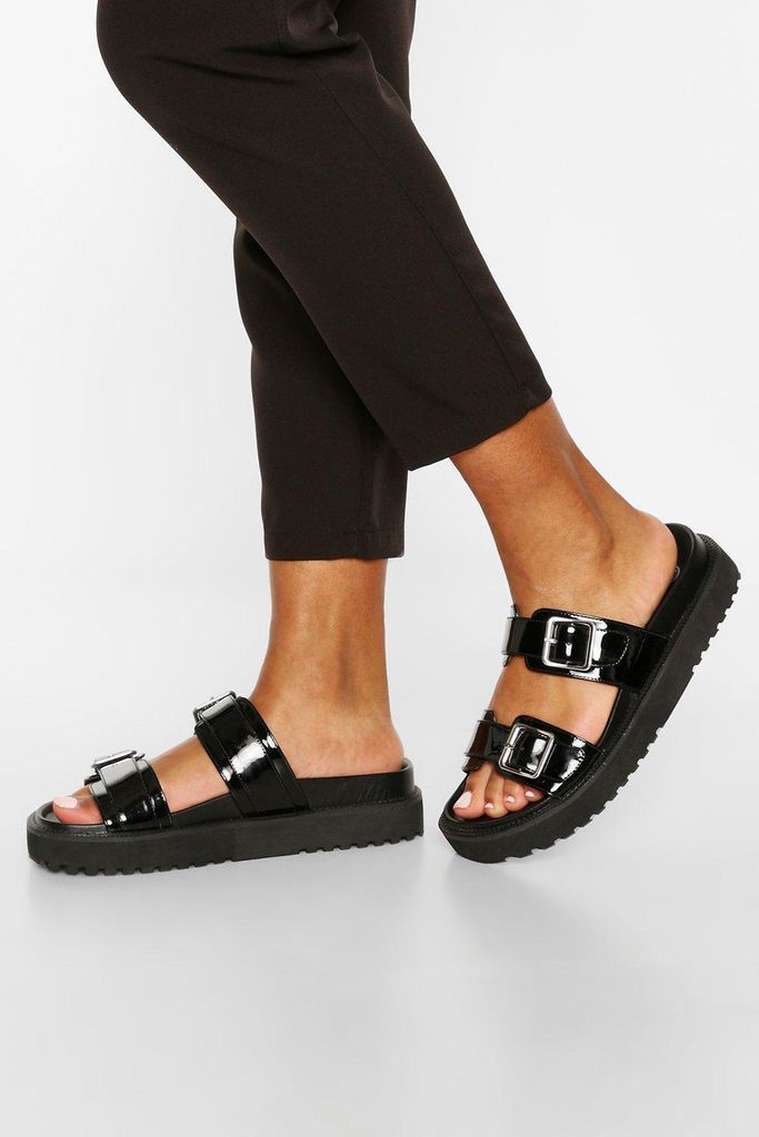 Womens Double Strap Chunky Footbed Sliders - Black - 3, Black