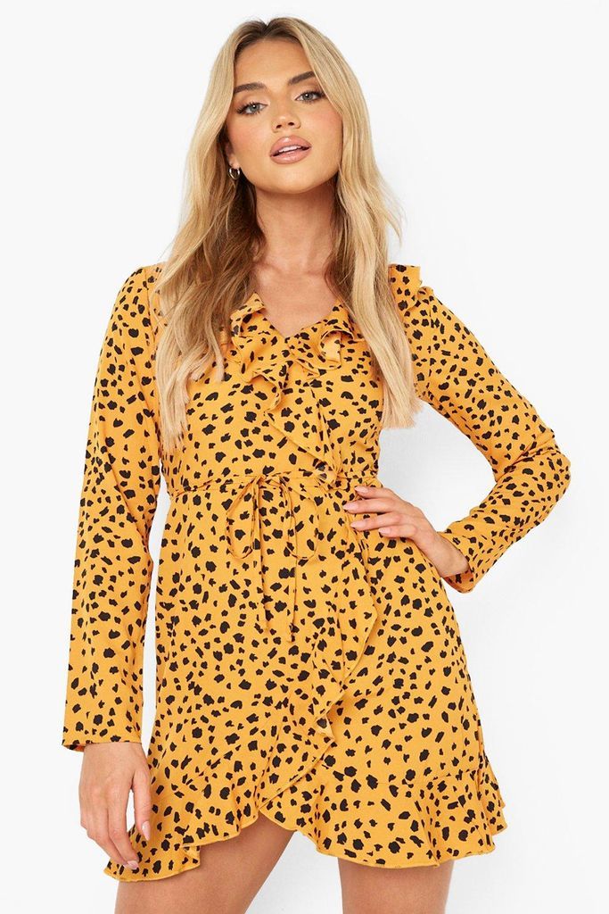 Womens Spot Print Wrap Front Ruffle Tea Dress - Yellow - 8, Yellow