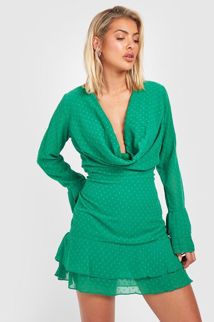 Womens Dobby Ruffle Cowl Neck Shift Dress - Green - 8, Green